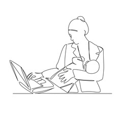 One continuous single drawing line art flat doodle mother, child, working woman, computer, technology, working mom. Isolated image hand draw contour on a white background, hand drawn, not AI