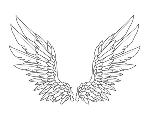 Fototapeta premium Vector angel wings or ornamental bird feather. Vector heraldic or medieval symbol. Element with heavenly or ethereal outline. Contour or shape for celestial or sacred tattoo. Winged phoenix element.