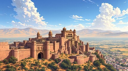 Fototapeta premium Anime style beautiful Indian fort on the hill
