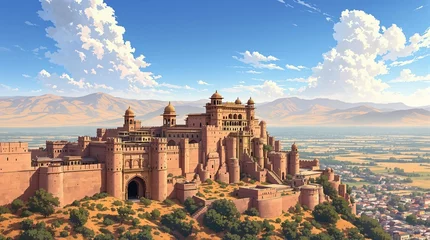Anime style beautiful Indian fort on the hill