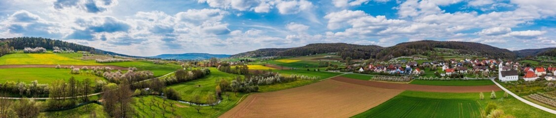 Naklejka premium Aerial panoramic view of the Trubach Valley near Wannbach in spring