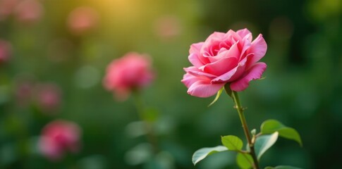 Fototapeta premium Single pink rose of sharon flower on a green stem, garden, flower