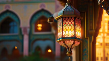 Ornate lantern illuminating a scene of Middle Eastern architecture