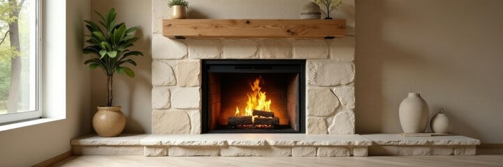 Natural beige stone wall complementing a wood-burning fireplace, rustic, stone