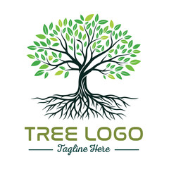Obraz premium Beautiful green tree silhouette and vector design, minimalist business logo for tree icon on white background.