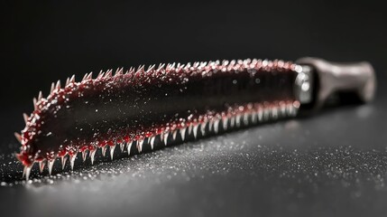 Bloody saw blade on dark surface; horror film prop