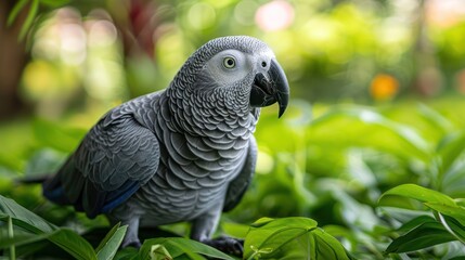 Fototapeta premium A vibrant gray parrot perched among lush green foliage in a serene garden setting