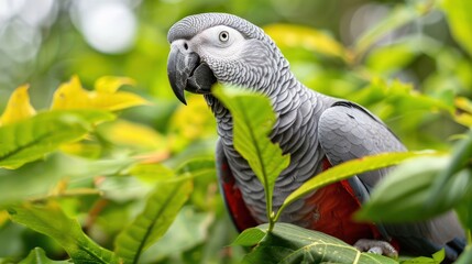 Fototapeta premium A vibrant gray parrot perched amidst lush green foliage, showcasing its colorful plumage in nature