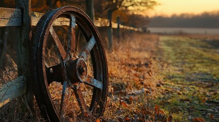 Weathered Antique Wheel Beside Rustic Wooden Fence at Sunset