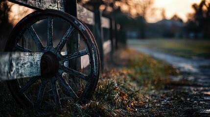 Rustic Wooden Wheel by Fence on Country Path at Sunset Glow