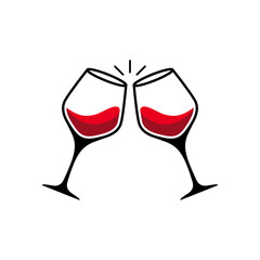Two glasses of wine cheers icon. Wine glasses toasting icon isolated on white background.