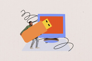 Sketch template design 3D photo collage composite of computer monitor obsolete young man stand...