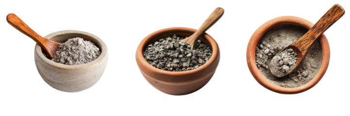 A Set of Ash-Filled Bowls with Wooden Spoons for Religious Rituals Isolated on Transparent Background