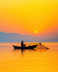 fisherman in boat at sunset, casting net on calm waters