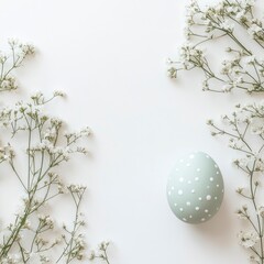 Fototapeta premium Minimalist Green Easter Egg on Simple Background with Delicate Flowers and Border Elements