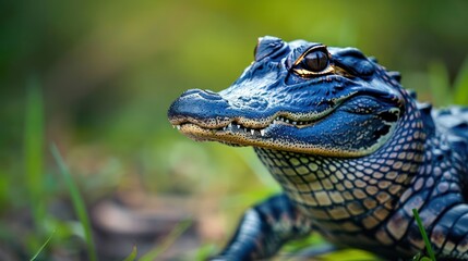 Obraz premium Close-up of a vibrant alligator resting on grass in a lush environment, showcasing intricate textures