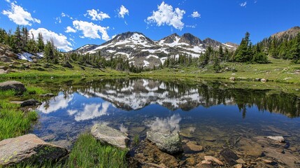 Fototapeta premium Serene Mountain Landscape with Reflections in Calm Lake Waters