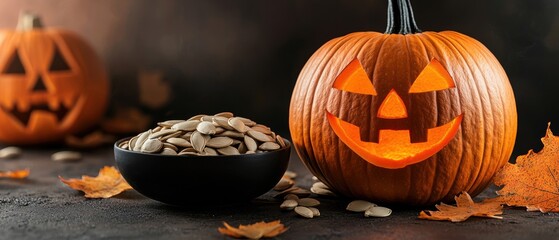 A Halloween-themed table setting with pumpkins, seeds, and leaves.