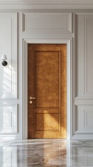 A chic door hanger mockup enhances a stylish wooden door in a polished studio, creating an ideal backdrop for marketing materials and innovative branding concepts