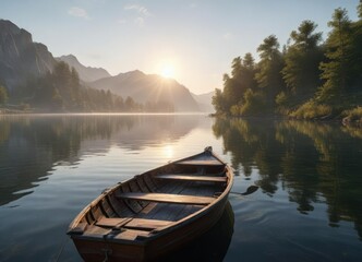 Obraz premium Soft morning light gently illuminates the lake's surface, casting a serene glow on the small boat , gentle illumination, morning hours