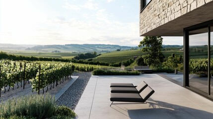 Elegant modern villa overlooking lush green vineyard landscape