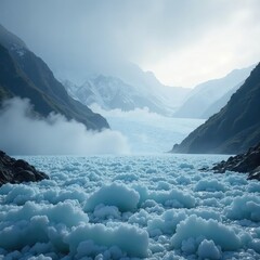 Fototapeta premium Misty morning on a glacier in the mountains under grey cloudy sky, cloudy, fog