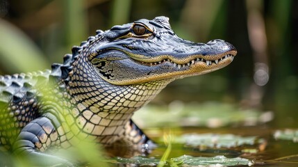 Fototapeta premium Close-up of a crocodile resting among water lilies in a serene natural habitat