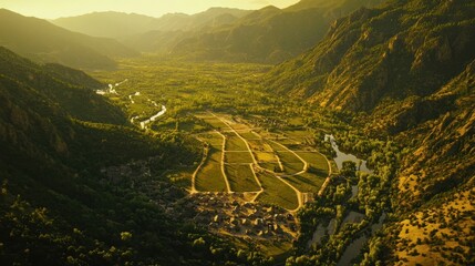 Aerial View of Mountain Valley Village and River