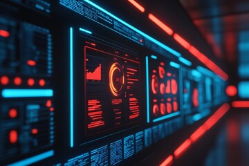 A futuristic performance tracking system displaying holographic project KPIs.