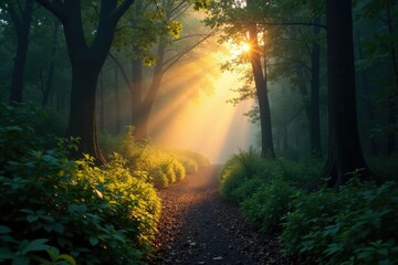 Fototapeta premium Misty dawn light reveals hidden path through dense undergrowth, natural, solitude, atmosphere