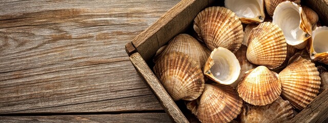 Wooden crate of scallops on rustic wood.