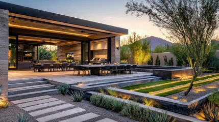 Obraz premium Modern Outdoor Dining Area with Scenic Desert Landscape View