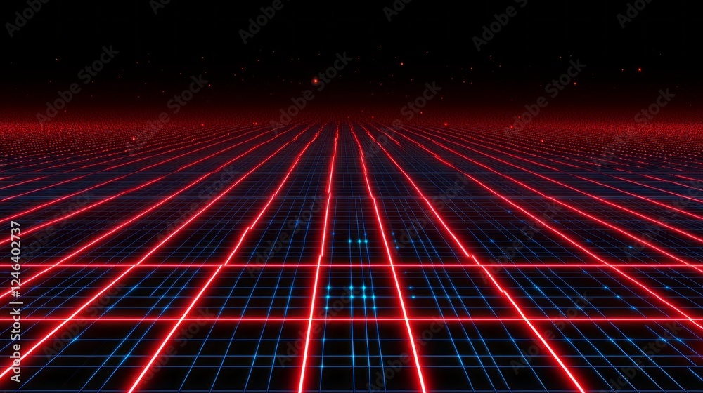 Aufkleber a mesmerizing digital landscape featuring a dark blue grid pattern illuminated by vibrant red lines 