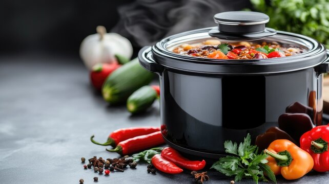 Steaming black crockpot with fresh vegetables on counter