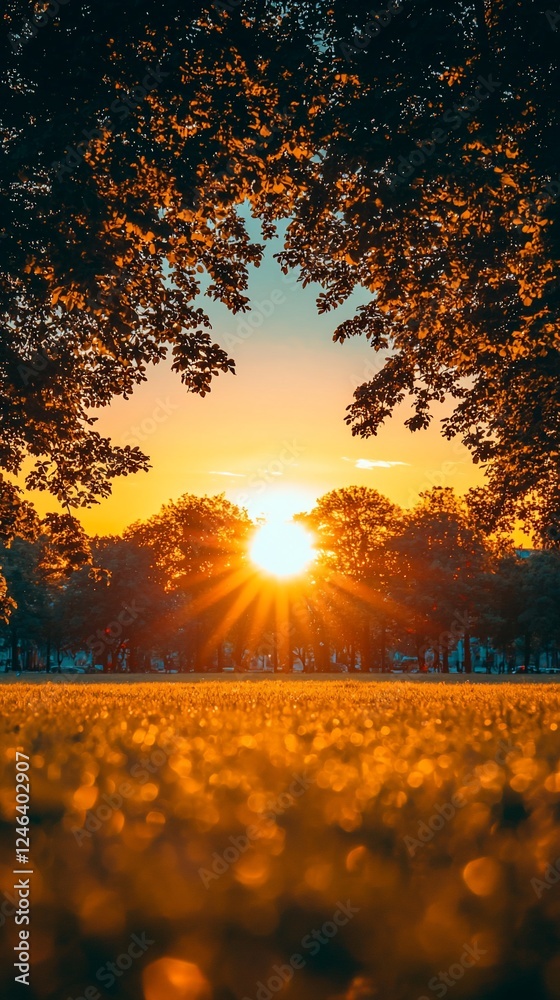 Sticker Sunset park field trees golden hour nature background phone wallpaper