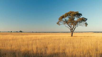 Fototapeta premium Lone Tree in Expansive Yellow Field Under Clear Blue Sky