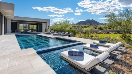 Modern outdoor pool area with relaxing lounge chairs and mountain view