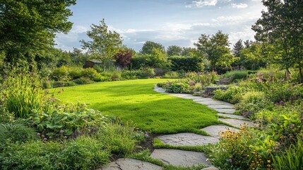 Obraz premium Serene Garden Pathway Curving Through Vibrant Green Landscape