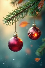 Glass baubles suspended from delicate pine twigs, twigs, autumn leaves