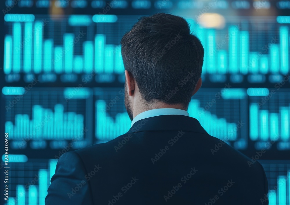 Poster a professional analyzing data on a digital display, focusing on graphs and metrics in a business or 