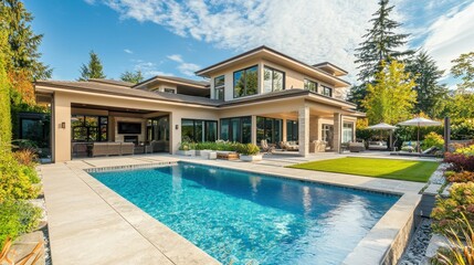 Fototapeta premium Modern Luxury Home with Pool and Lush Landscape on a Sunny Day