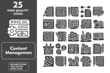 Content Management Glyph Icon Set. Incleded Icons Research, Guest Book, Content Management System, Document, Content Strategy, Writing. Vector Icons Collection