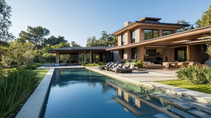Fototapeta premium Modern Luxury Home with Pool and Scenic Garden in Bright Sunlight