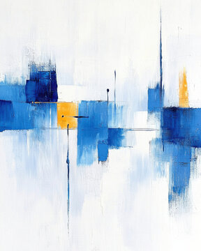 Modern abstract art with blue and yellow color washes creating depth and texture
