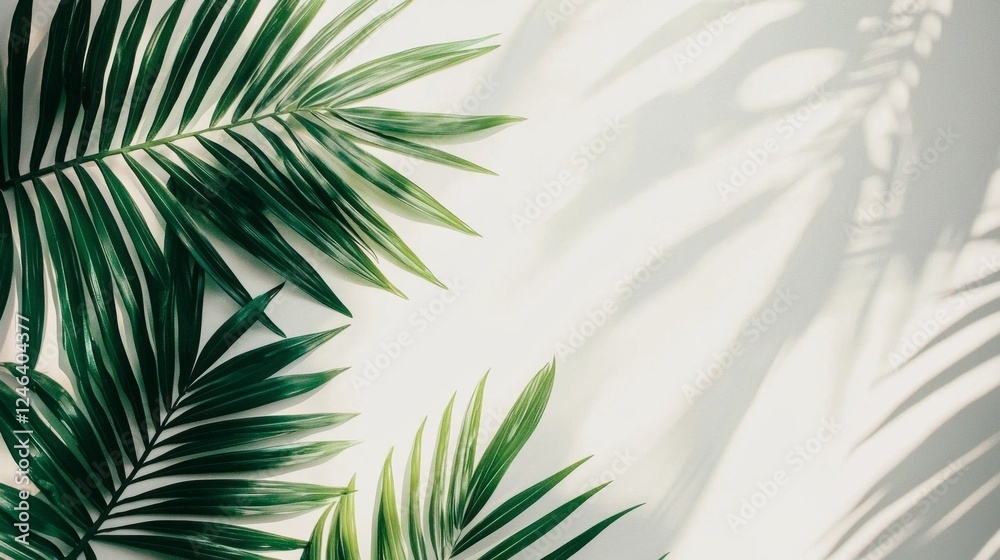 Aufkleber Close-up view of lush tropical palm leaves displaying a beautiful radial pattern against a soft, empty background. Perfect for adding a touch of nature to any design or text overlay
