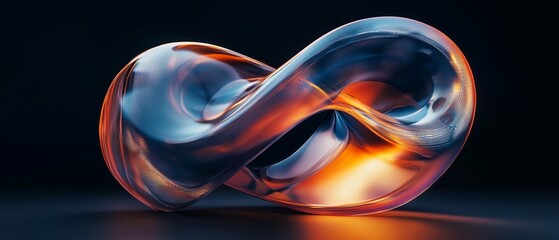 A 3D image of a Mobius strip, a non-directional surface with only one side, illuminated with orange and indigo lights, stands out against a dark background.