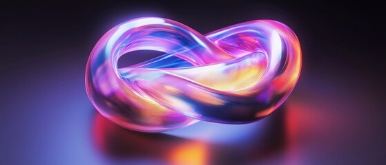 This image showcases a 3D-rendered Mobius strip in striking detail. The surface of the loop appears glossy and reflective, with a swirling pattern of iridescent colors. The colors blend and shift.