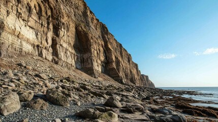 Majestic Coastal Cliff Under Bright Blue Sky with Rocky Shoreline