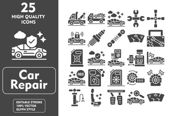 Car Repair Glyph Icon Set. Incleded Icons Tow Truck, Truck, Car, Wrench, Cross Wrench, Locked Car, Spark Plug, Shock Absorber, Windshield. Vector Icons Collection