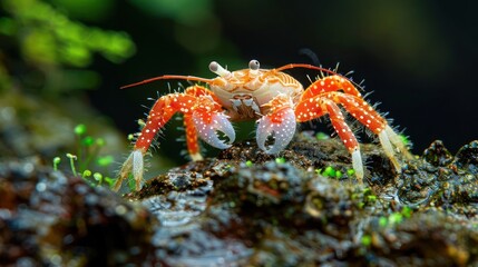 Vibrant close-up of a colorful crab perched on a rocky surface in a lush underwater environment